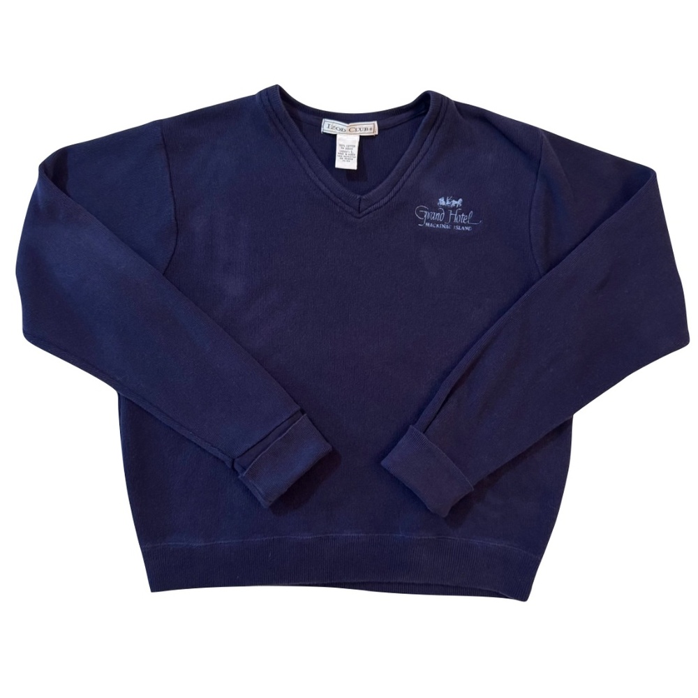 Vintage Mackinac Island Grand Hotel Embroidered V-Neck Blue Sweater Size Large